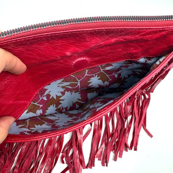HOBO Red Leather Wristlet Clutch with Studs & Fringe Detail Excellent Condition - Picture 5 of 12